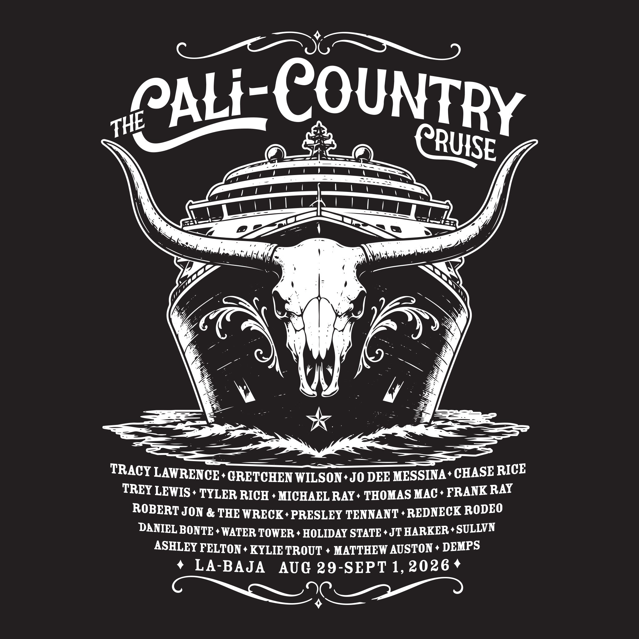 Cali Country-Cowboy Skull T-Shirt-Black/ White Print Unisex