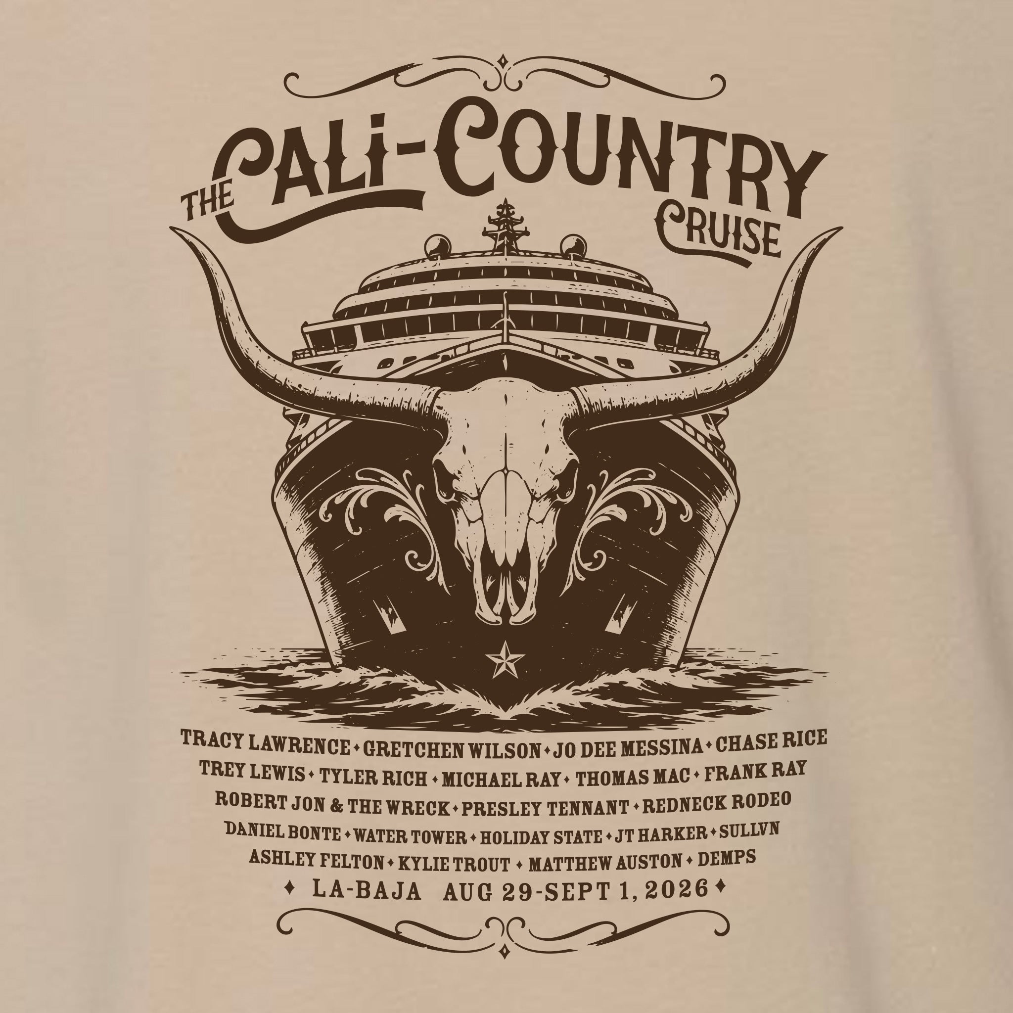 Cali Country-Cowboy Skull T-Shirt-Tan /Brown Print Unisex